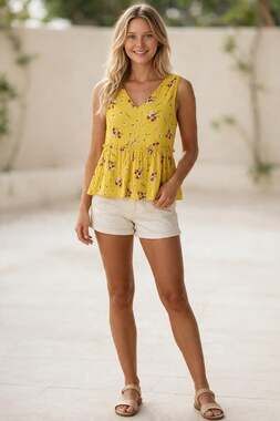 ANN TAYLOR Loft Blouse Size XS Peplum Top Slight Crop Yellow w/ Flowers Floral